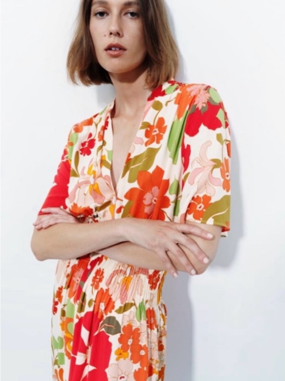 Zara Floral Maxi Midi Dress Orange Red Large